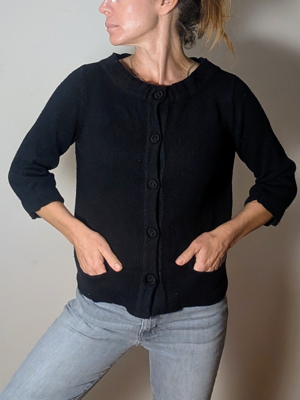 Eddie Bauer Black Wool Blend Petite Cardigan 3/4 Sleeve Button Front Sweater